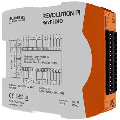 Modulo industriale 'Revolution Pi RevPi DIO' di Kunbus, grigio-arancione. Stampigliature mostrano dati tecnici e connessioni. Fatto in Germania.