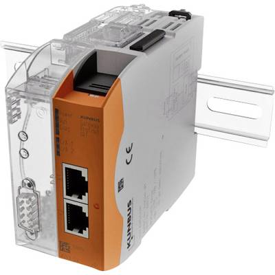 Un modulo industriale Ethernet grigio-arancione, montato su guida DIN, con due porte Ethernet e una porta seriale.