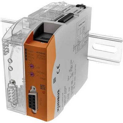 Un modulo gateway KUNBUS con rivestimento arancione-grigio, montato su una guida DIN. La vista frontale mostra i connettori e l'indicatore di stato.