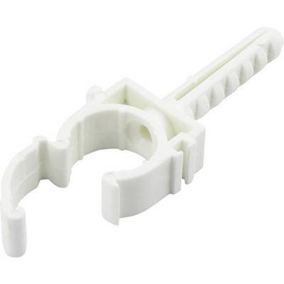 Fascetta in plastica bianca per fissaggio cavi, con ancoraggio cilindrico e clip circolare e elastica per la stabilizzazione.