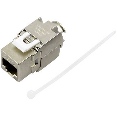 Connettore RJ45 metallico accanto a una fascetta fermacavi bianca.