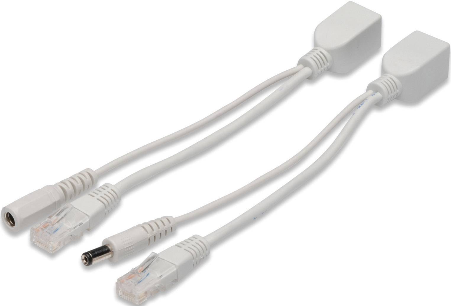 Due cavi splitter Ethernet bianchi con connettori RJ45 e DC, idonei per la trasmissione di dati e alimentazione elettrica in reti di comunicazione.