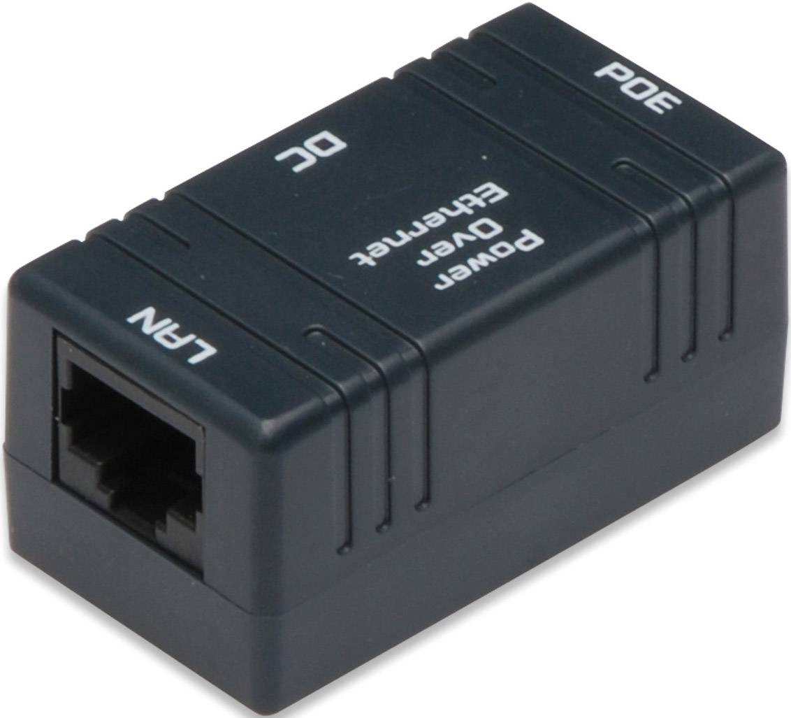 Un iniettore Power-over-Ethernet (PoE) nero con connettori per LAN e DC (corrente continua) sulla parte superiore.