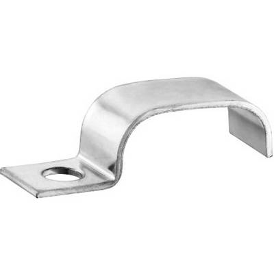Morsetto metallico, a forma di U, con foro per il fissaggio. Utilizzato per assicurare cavi o tubi su una superficie.