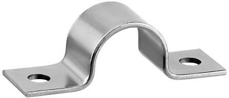 Supporto a staffa metallico con due fori per viti, per fissare tubi su superfici. Di forma arcuata, robusto, color argento.