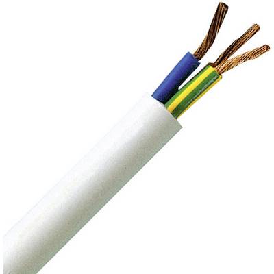 In figura è mostrato un cavo elettrico tripolare con fili di rame parzialmente esposti e isolamenti colorati in blu, marrone e giallo-verde.