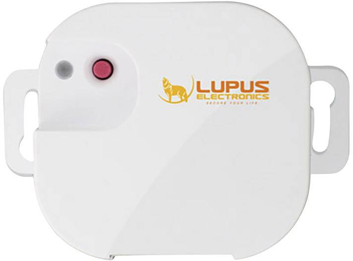 Un dispositivo bianco con il logo 'Lupus Electronics' e un pulsante rosso, utilizzato per la sicurezza o il monitoraggio nell'ambito della domotica.