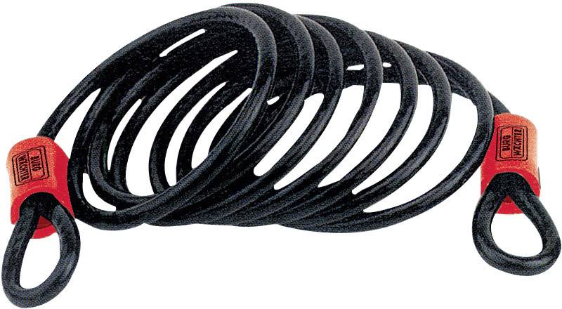 Lucchetto a spirale nero con estremità rosse, comunemente utilizzato per assicurare biciclette o altri dispositivi.