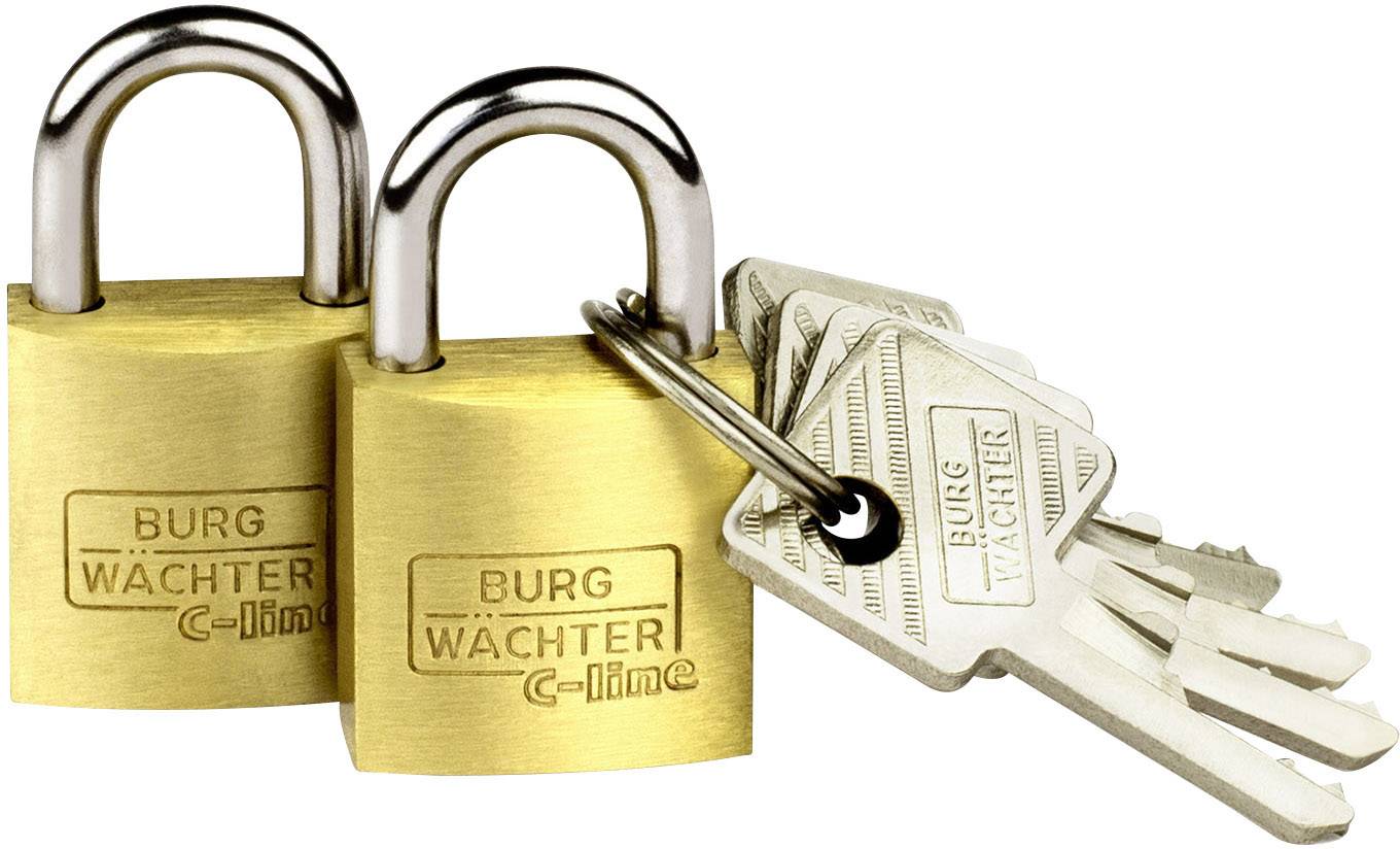 Due lucchetti dorati della marca 'BURG WÄCHTER C-line', collegati da un portachiavi su cui sono appesi diversi chiavi.