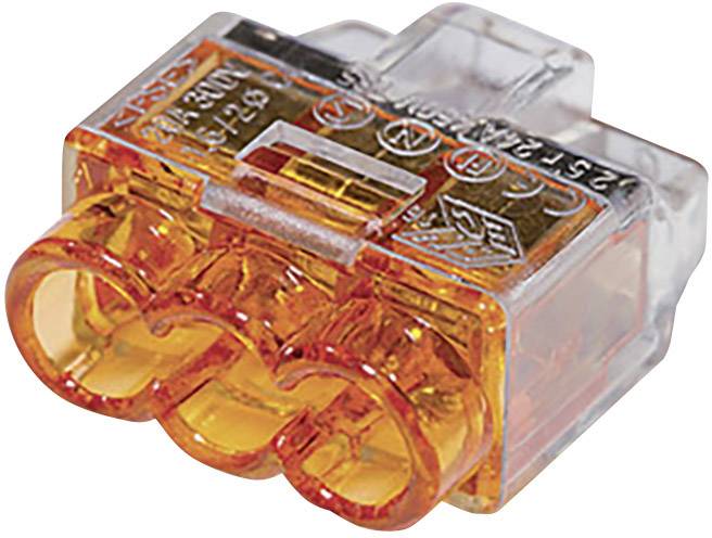 Un connettore trasparente arancione con tre ingressi per il collegamento elettrico. Adatto per cavi fino a 2,5 mm².