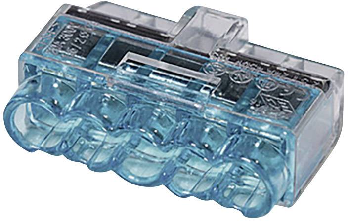 Morsetto di connessione in plastica con guaina blu e trasparente, idoneo per collegare più cavi in installazioni elettriche.