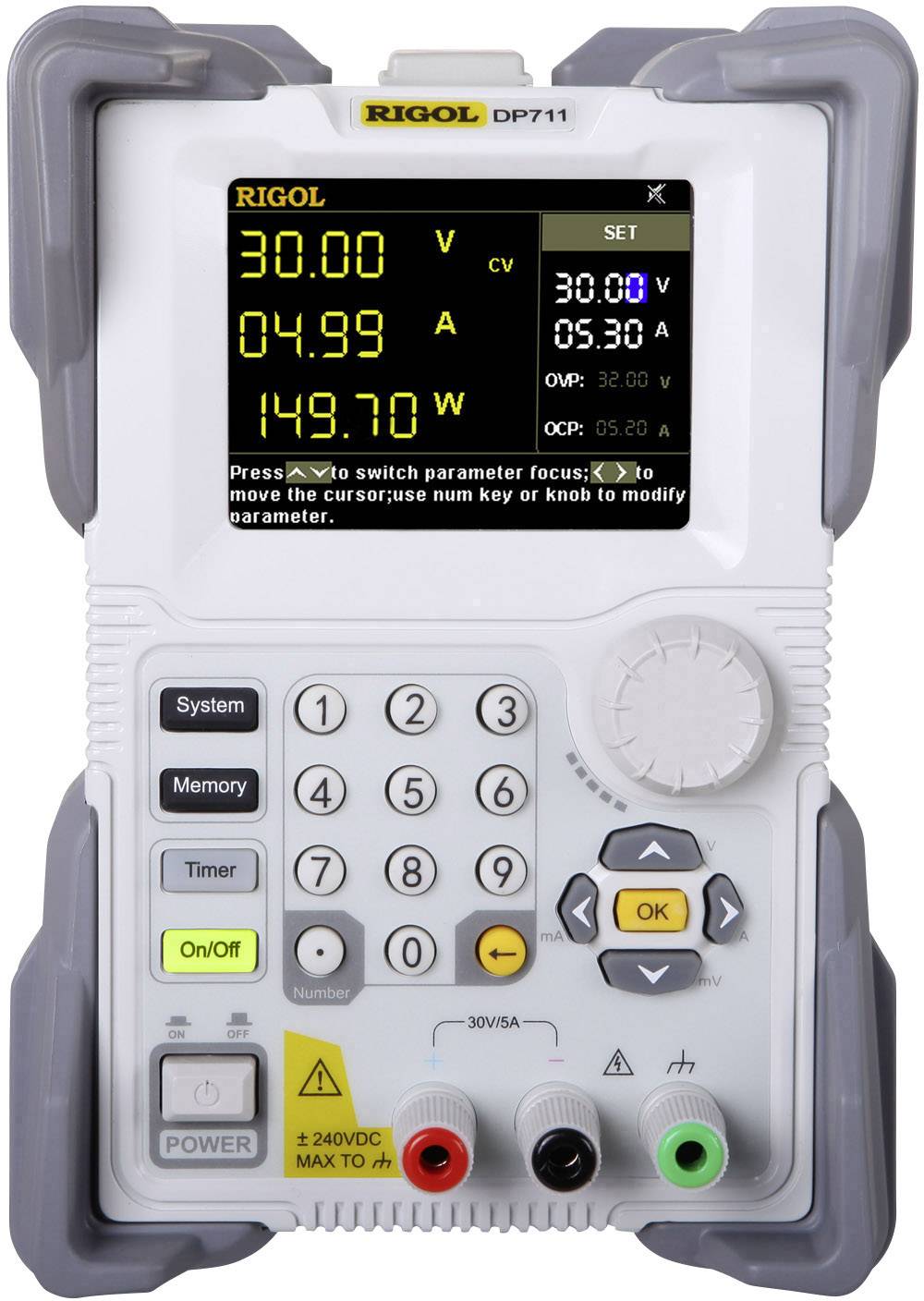 Un alimentatore Rigol DP711 mostra i valori di tensione e corrente su un display digitale. I pulsanti consentono impostazioni e regolazioni.