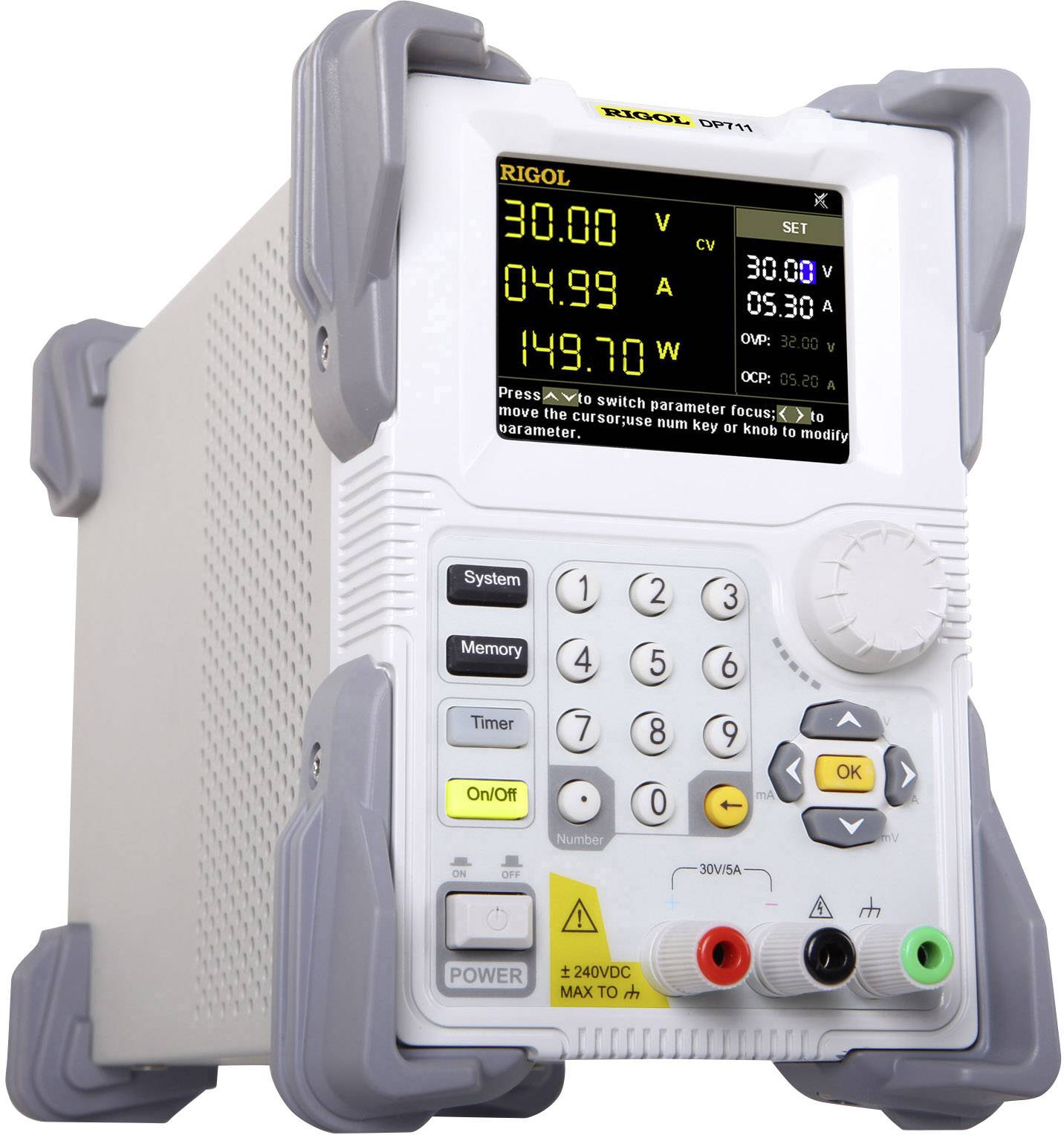 Alimentatore elettronico da laboratorio con display digitale che mostra i valori di tensione, corrente e potenza. Pulsanti di controllo e connettori visibili sul pannello frontale.