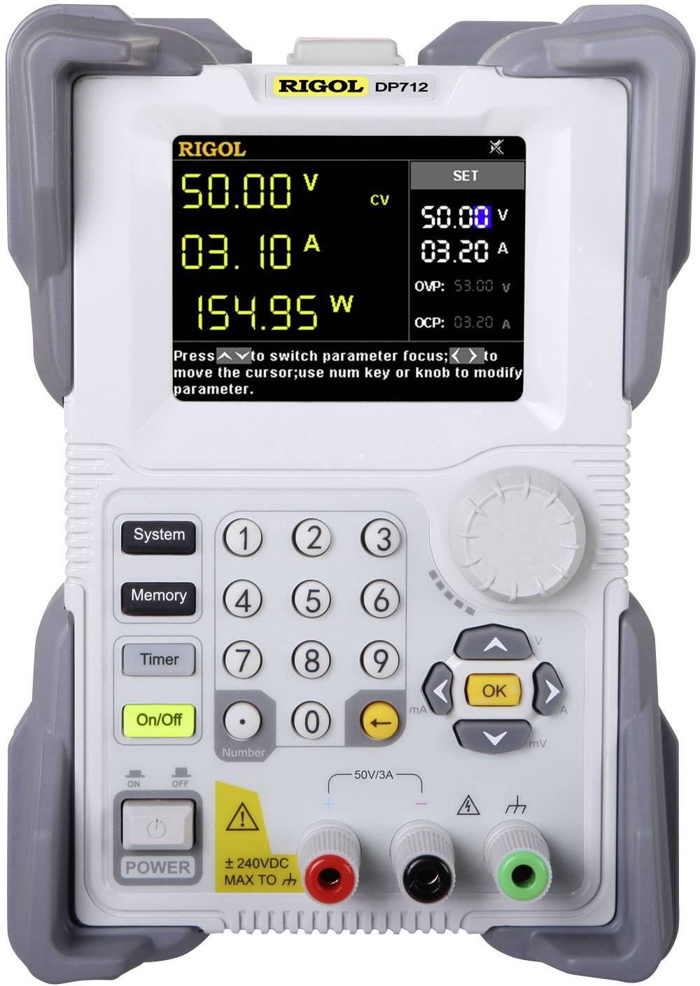 Alimentatore digitale in modalità di misurazione mostra tensione '50,00 V', corrente '3,10 A' e potenza '154,95 W'. Tastiera al di sotto del display.