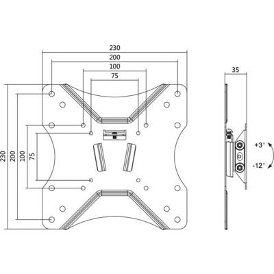 Disegno tecnico di un supporto universale per monitor con dimensioni: 230x200mm, profondità 35mm. Inclinazione regolabile da +3° a -12°.