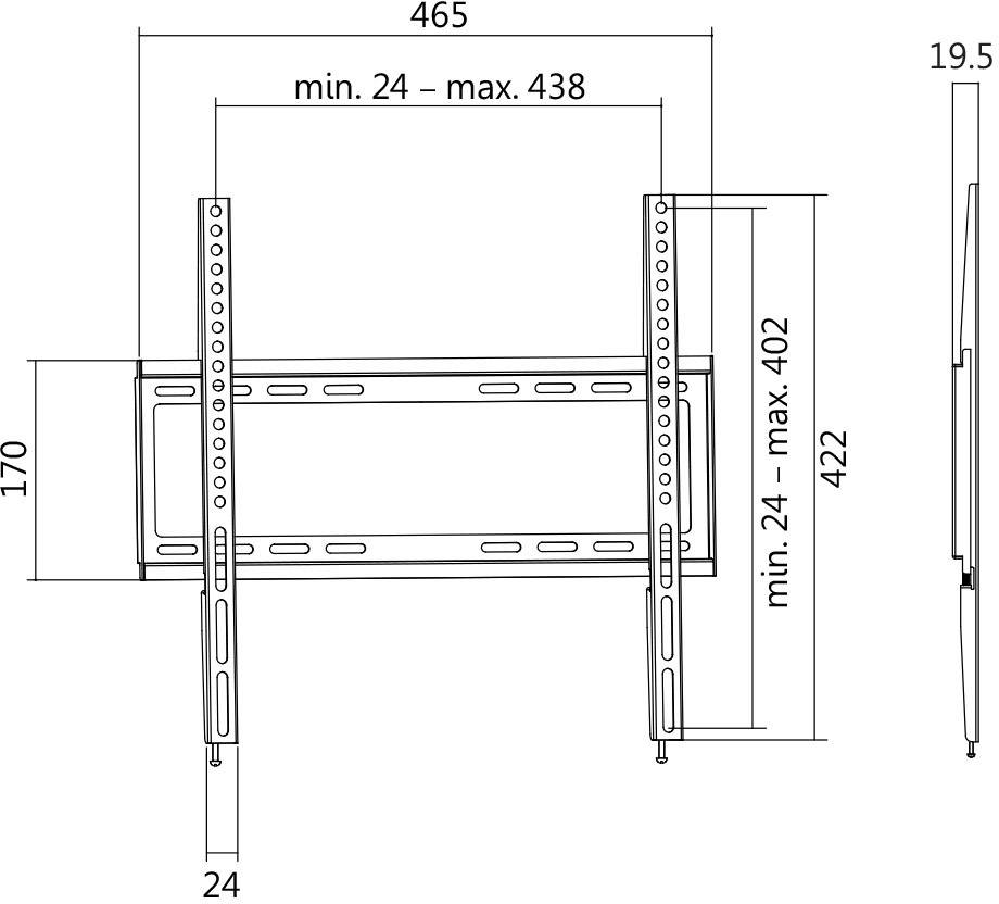 Supporto a parete per TV, dimensioni: larghezza 465 mm, altezza 422 mm, larghezza minima di fissaggio 24 mm, larghezza massima 438 mm.