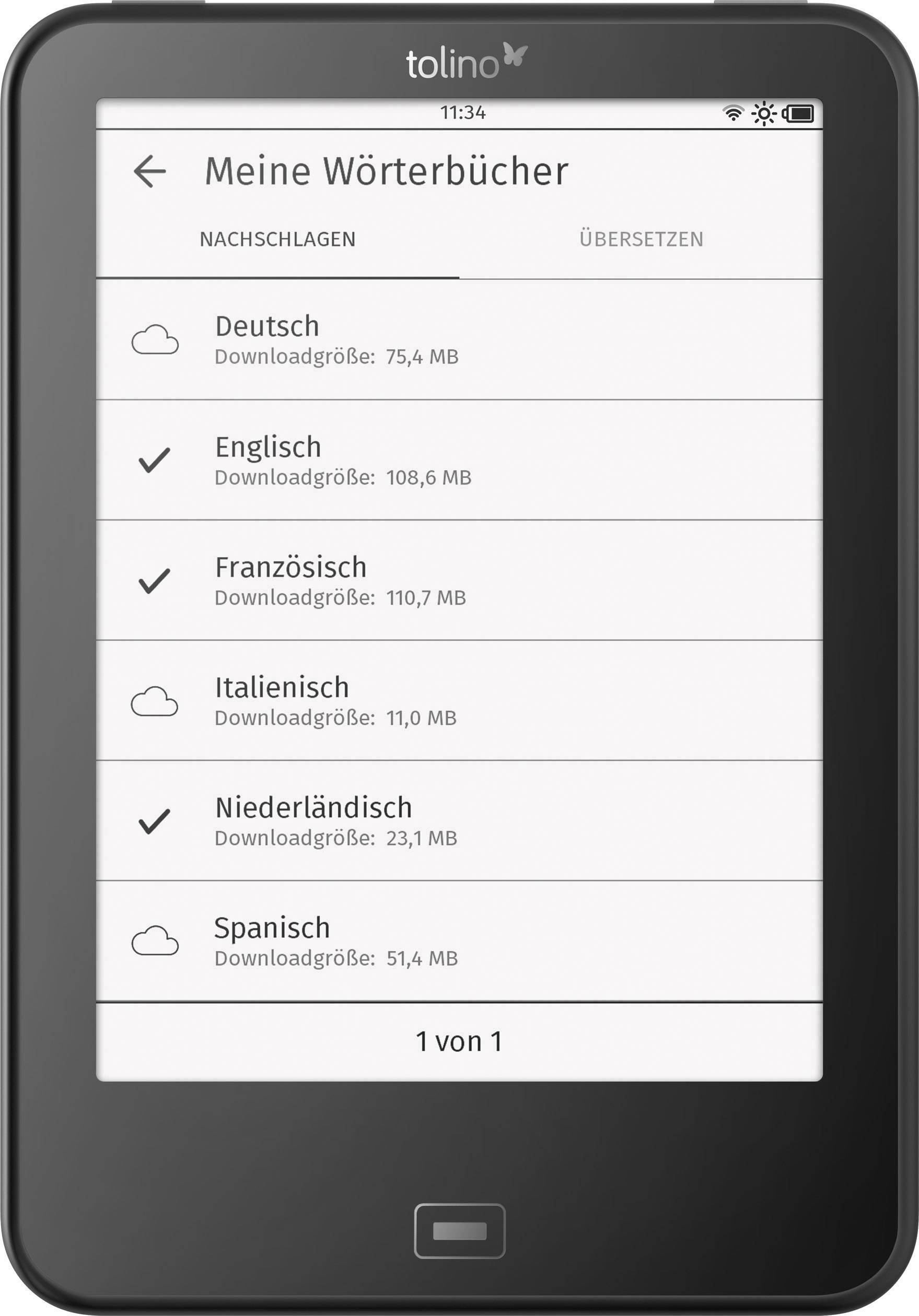 Lo schermo dell'e-reader mostra cinque dizionari tra cui scegliere: tedesco, inglese, francese, italiano, olandese e spagnolo.