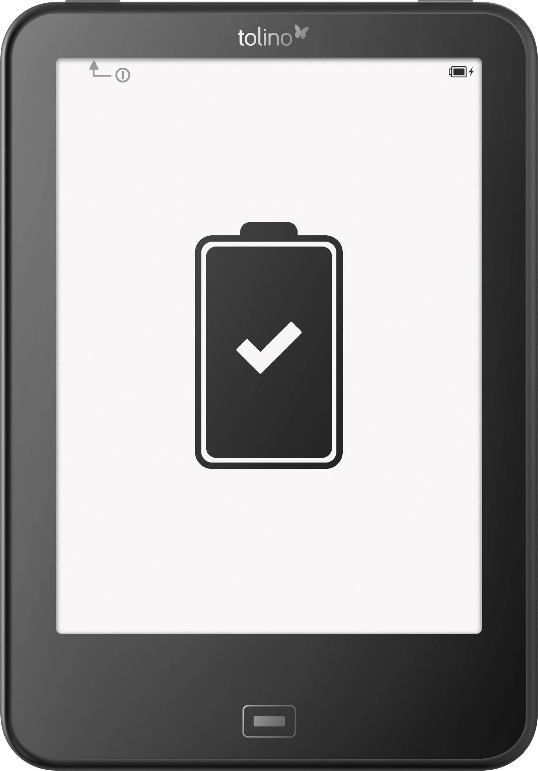 Un e-reader con un simbolo di una batteria e un segno di spunta sopra, che indica che la batteria è completamente carica.
