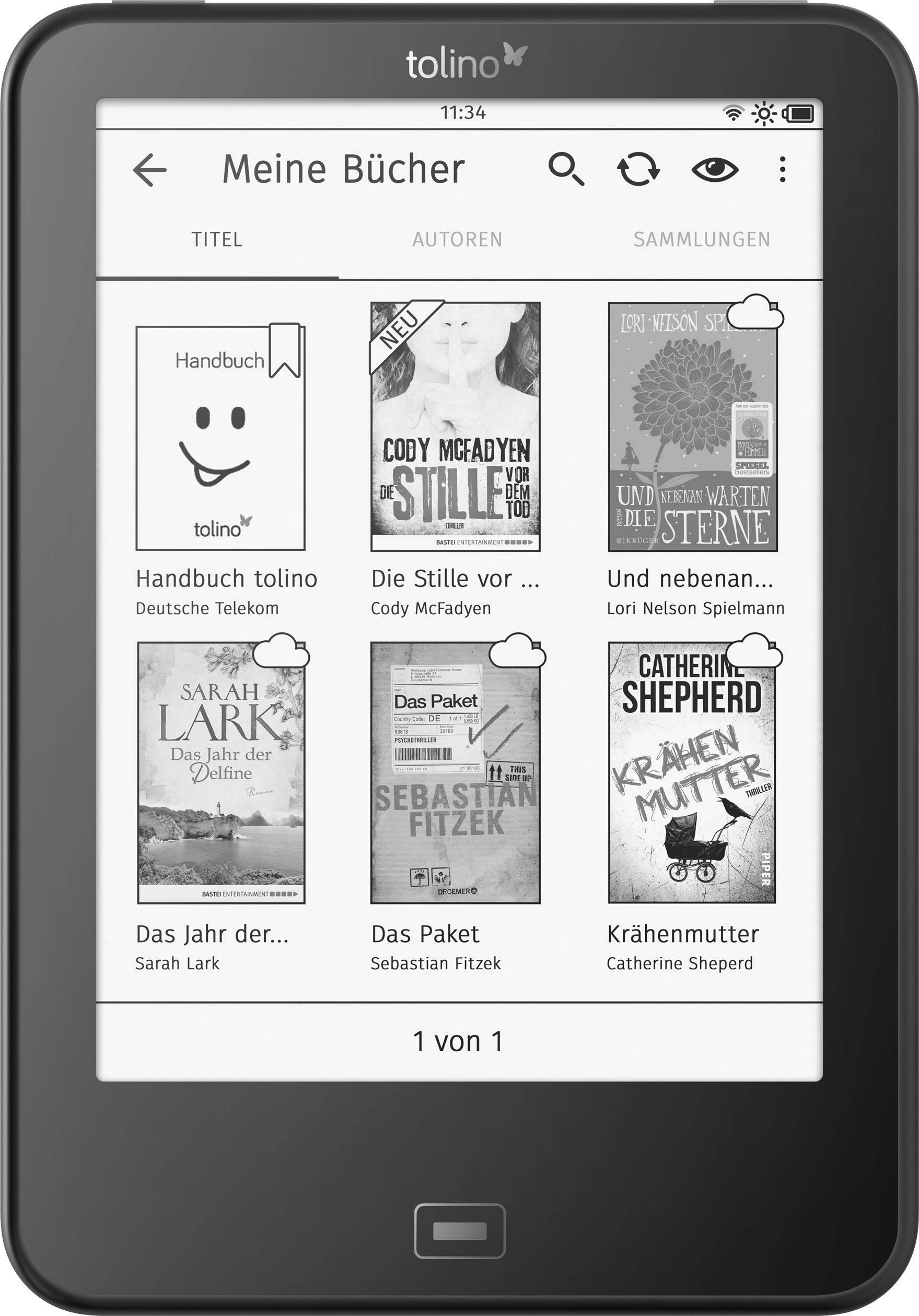 Un lettore di e-book mostra una biblioteca con sei titoli di libri di diversi autori. In alto è visibile il menu con le opzioni.