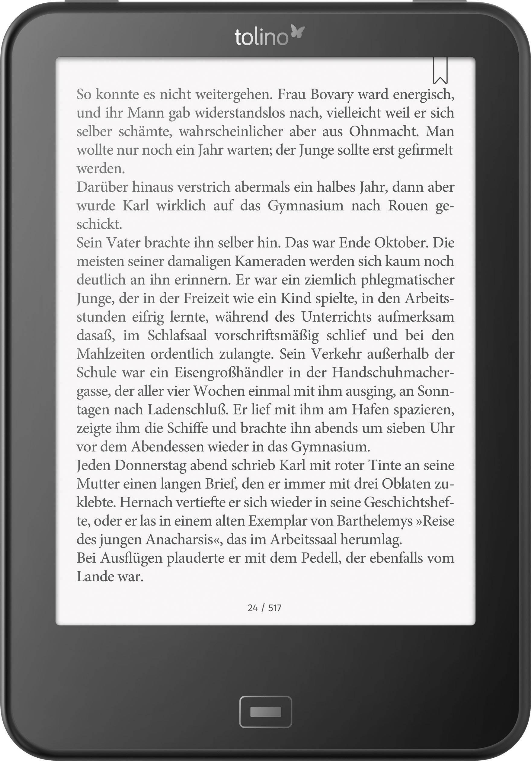 Un e-reader mostra il testo di un romanzo su una pagina. Il testo racconta di Madame Bovary e descrive una scena quotidiana nel suo ambiente.