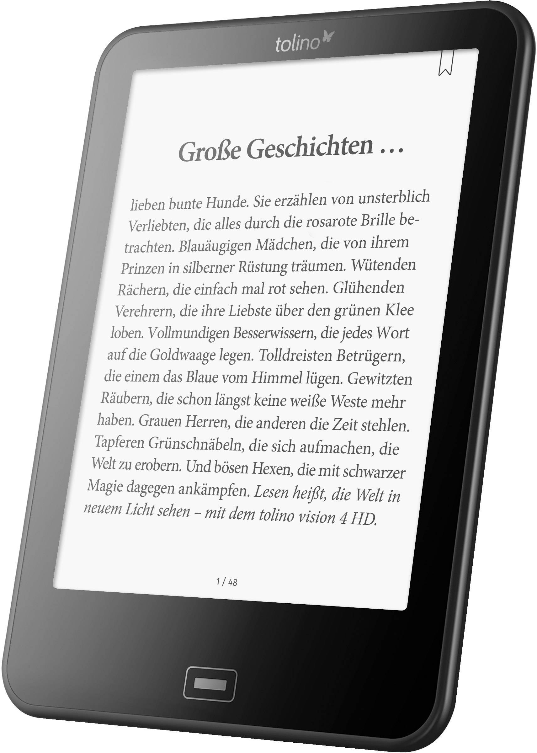 E-Book Reader con un libro aperto. Lo schermo mostra un paragrafo di testo che inizia con 'Grandi storie...'.