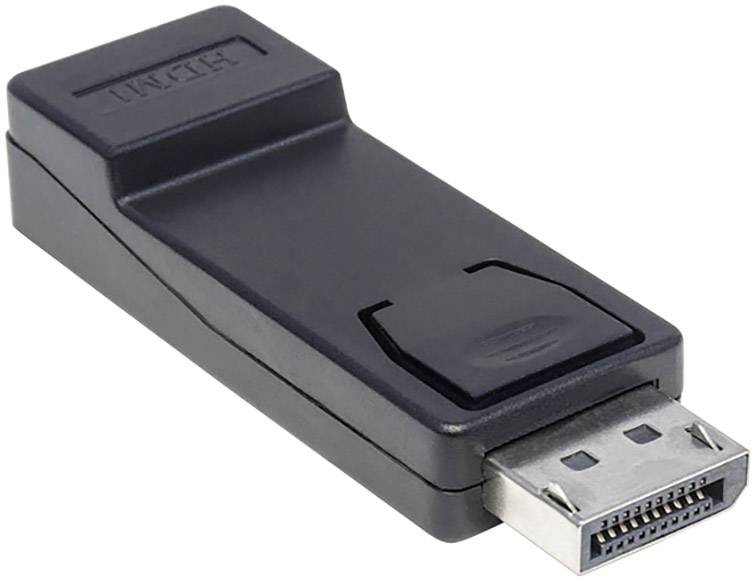 Un adattatore nero da HDMI a DisplayPort con logo HDMI. Utilizzato per collegare dispositivi con diversi tipi di connettori.