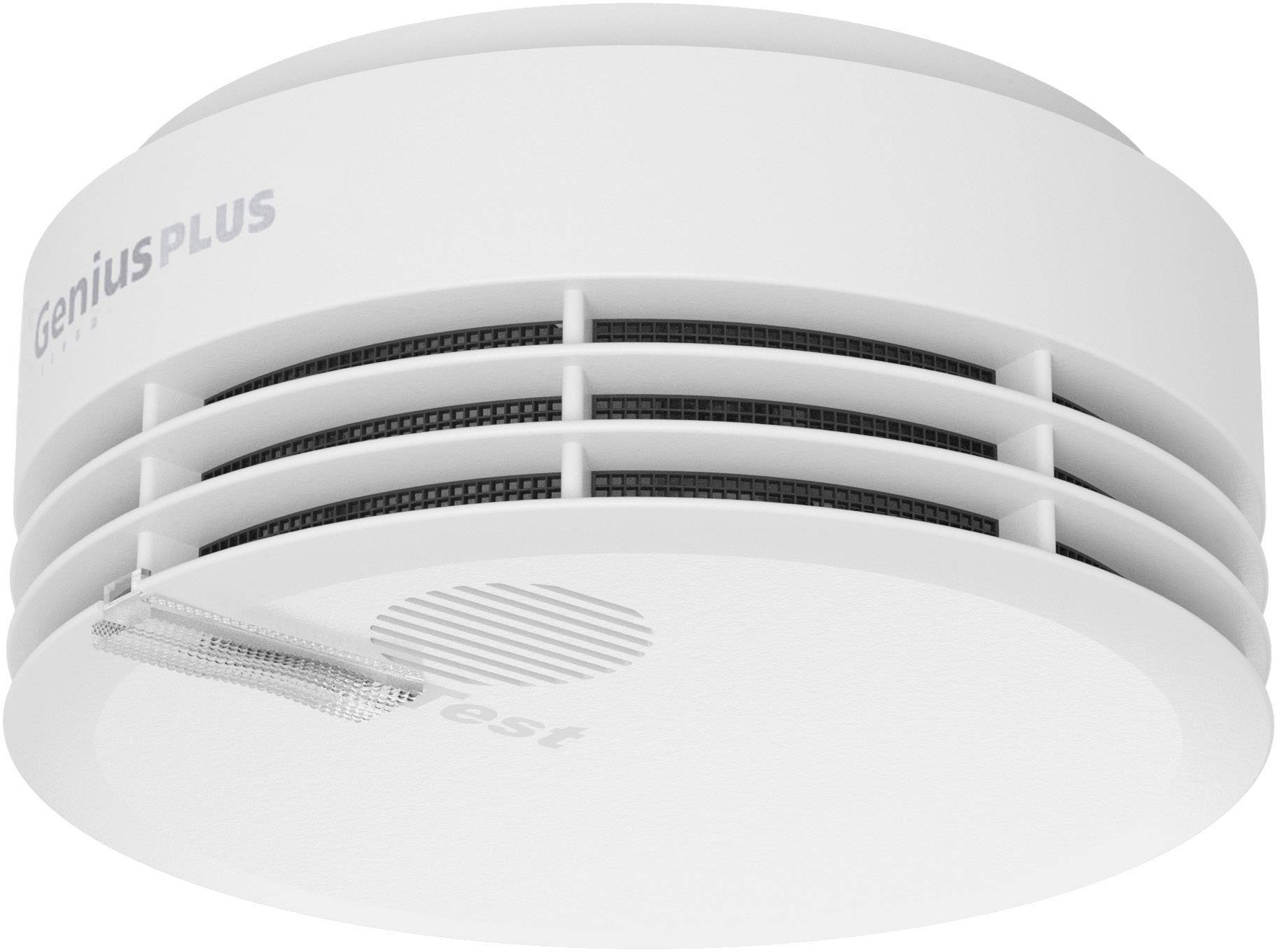 Un rilevatore di fumo della marca 'geniusPLUS', bianco, con fessure di ventilazione laterali, fissato su una superficie del soffitto.