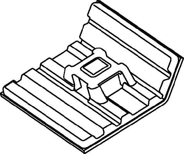 Disegno tecnico in bianco e nero di un componente metallico a forma di L con una guida di fissaggio rialzata al centro.