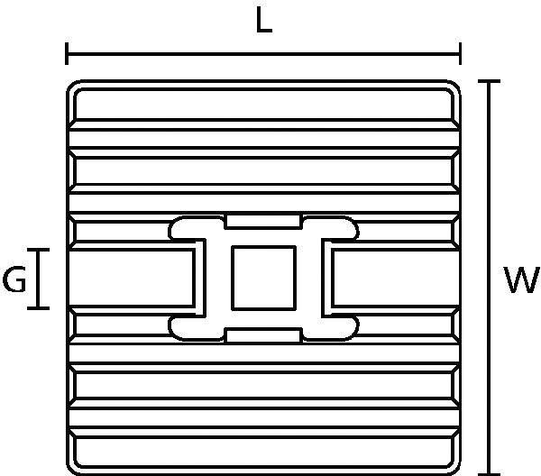 Disegno tecnico di un oggetto rettangolare con dimensioni: lunghezza 'L', larghezza 'W' e altezza 'G', rappresentato con linee schematiche.