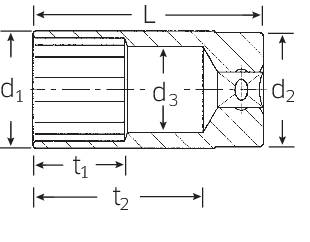 Disegno tecnico di un componente cilindrico metallico con dimensioni: lunghezza (L), diametri (d1, d2, d3) e lunghezze (t1, t2).