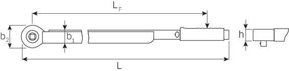 Disegno tecnico di una testa di giunto con quote: \( b_2 \), \( b_1 \), \( L_F \), \( L \), \( h \). Mostra proporzioni e struttura.