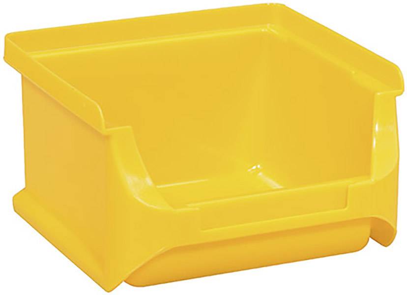 Contenitore di stoccaggio giallo in plastica con design frontale aperto e inclinato, adatto per un ordinato riposto di oggetti.
