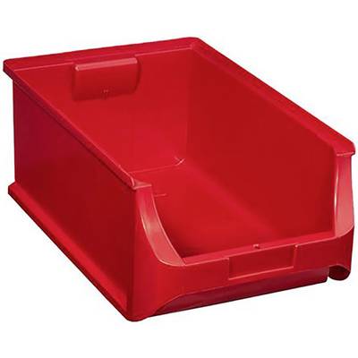 Contenitore di stoccaggio rosso in plastica con accesso aperto sul lato frontale, adatto per organizzare piccoli oggetti sugli scaffali.