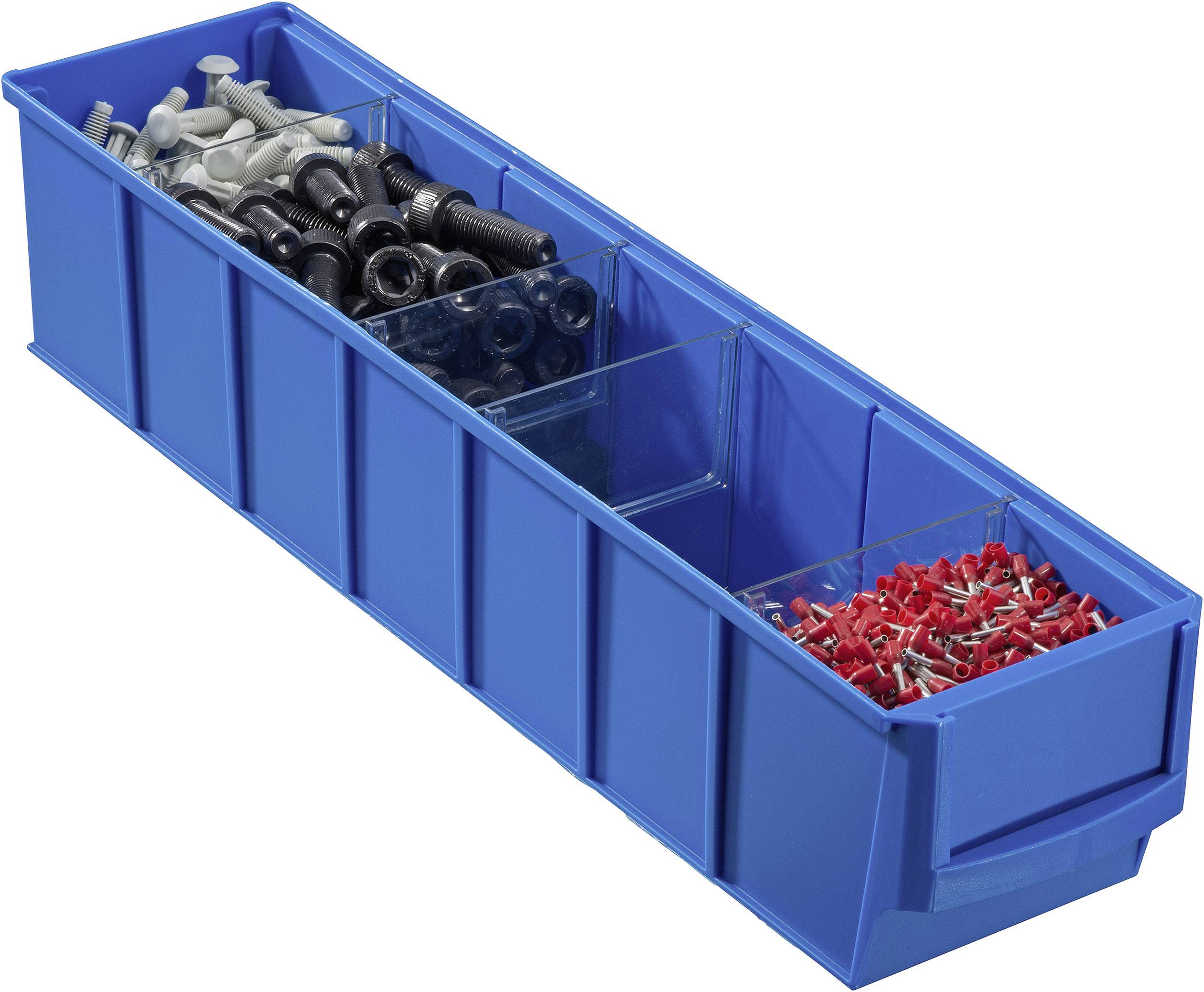 Scatola blu portaoggetti con più scompartimenti, riempita con viti argentate e connettori piatti isolati in rosso. Ideale per organizzare materiali da officina.
