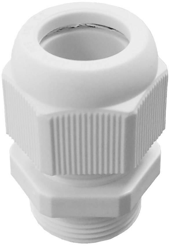 Un pressacavo bianco in plastica, cilindrico con superficie zigrinata, per un fissaggio sicuro dei cavi all'interno di involucri.