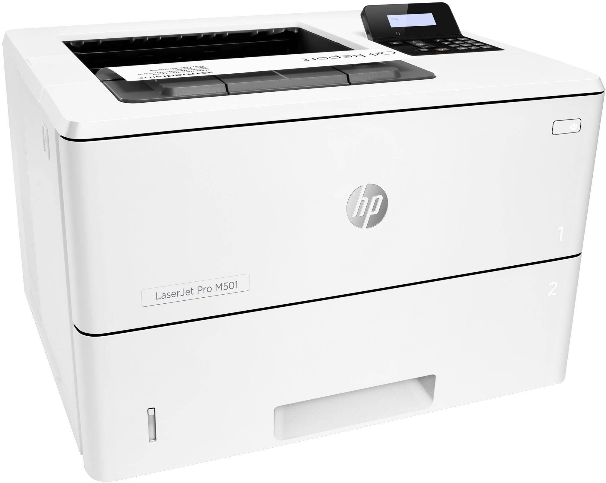 Stampante bianca 'LaserJet Pro M501' con pannello di controllo nero in alto a destra. Vassoio principale aperto, carta visibile.