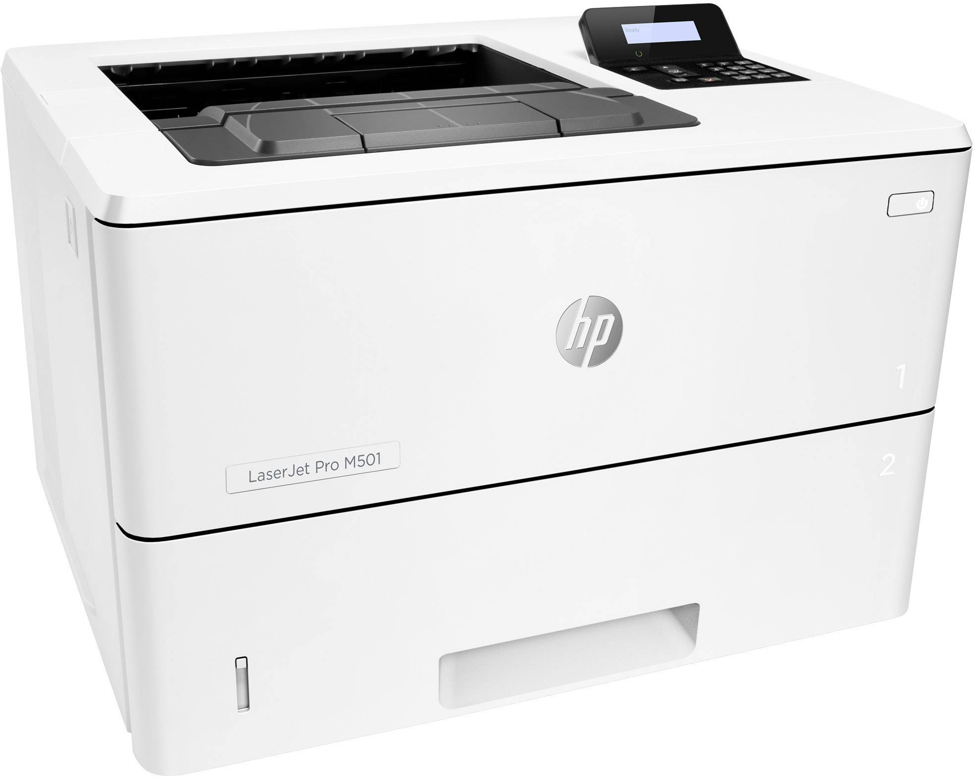 Un stampante HP LaserJet Pro M501 bianca con display digitale, adatta per l'ufficio.