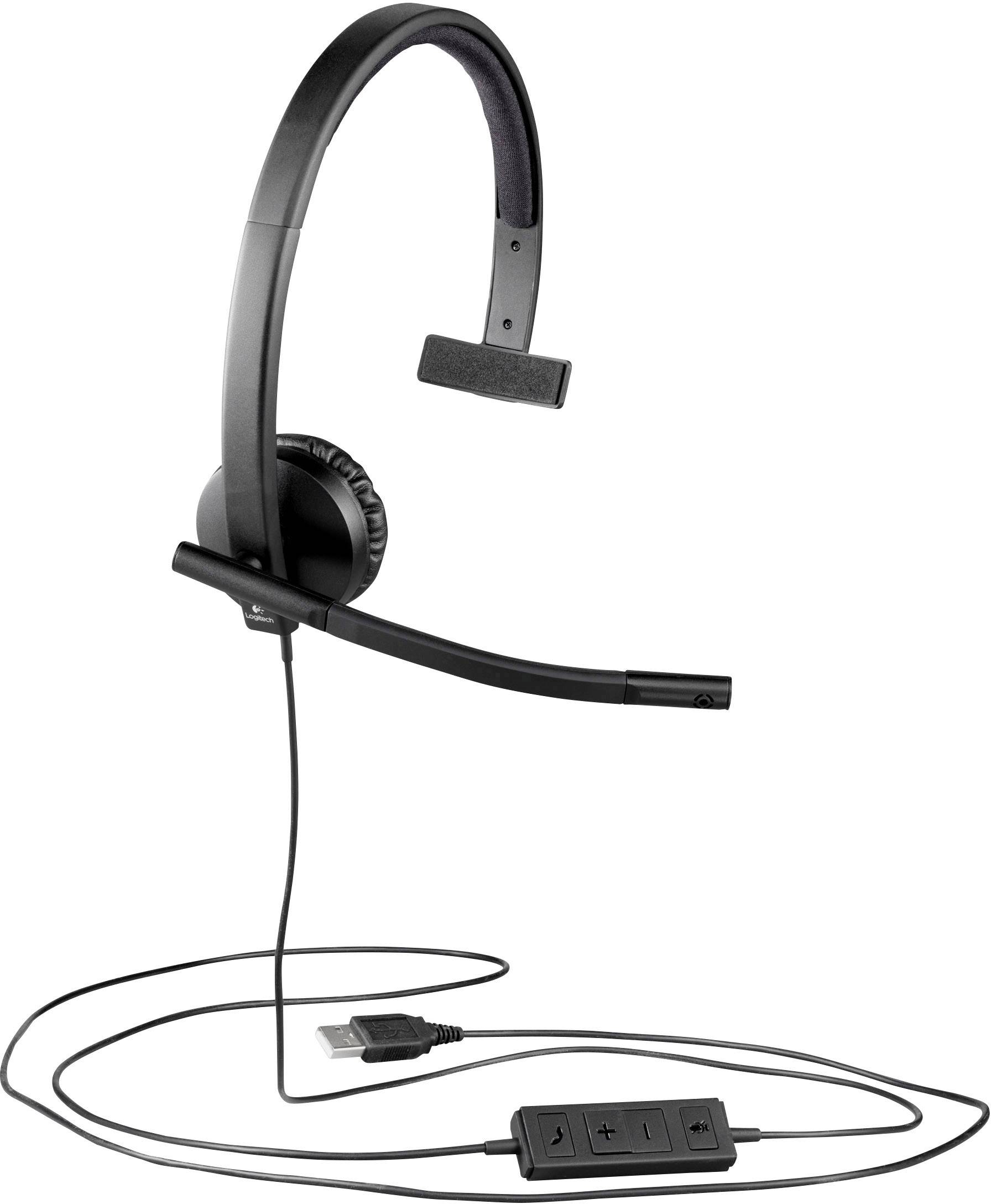 Un headset monoauricolare con connessione USB e comandi per il volume e il muto sul cavo.
