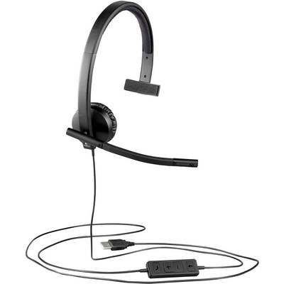 Un headset monoauricolare con connessione USB e comandi per il volume e il muto sul cavo.