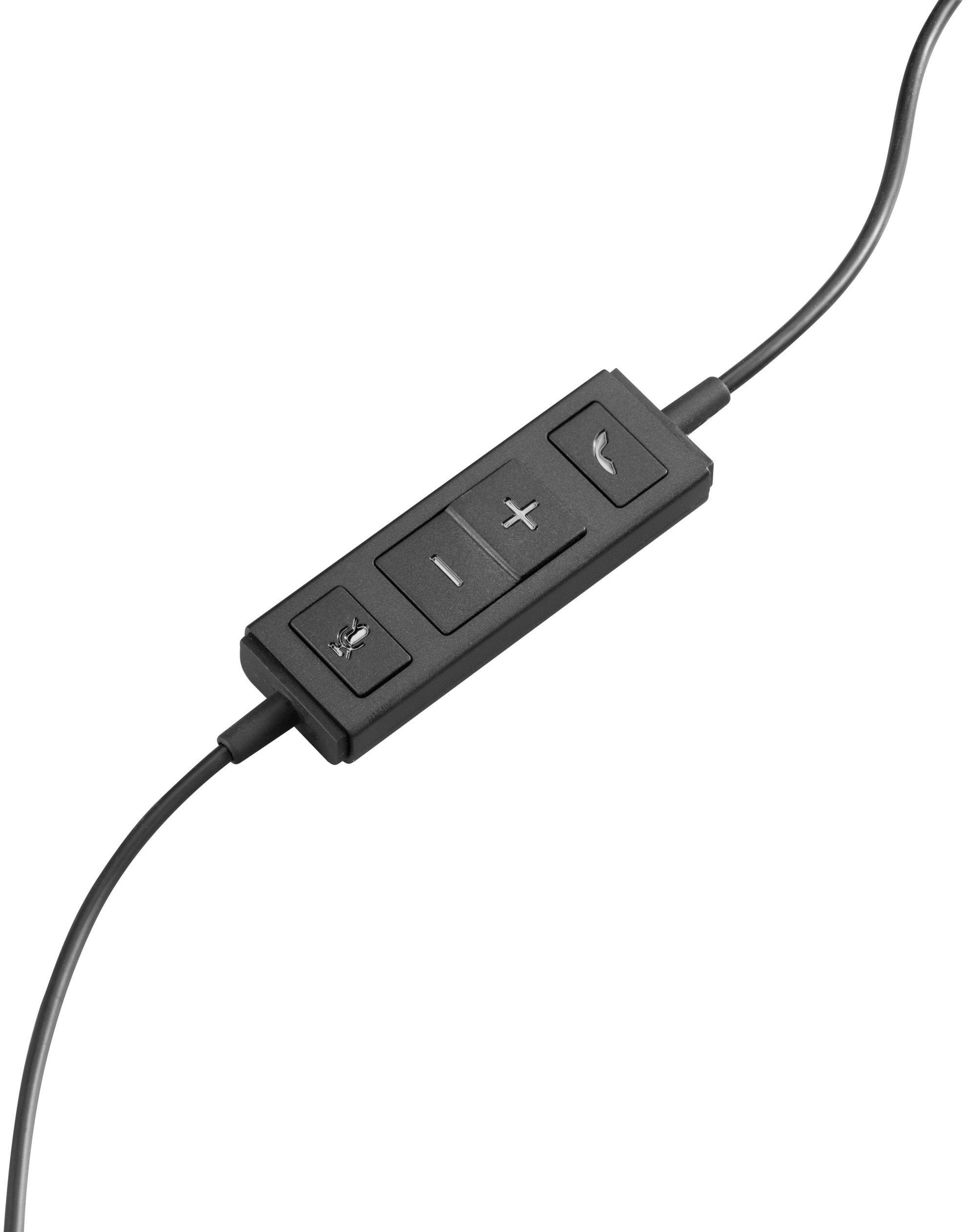 Un controller in-line nero con controllo del volume, tasto di silenziamento del microfono e tasto di risposta chiamata su un cavo.
