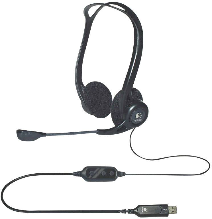 Cuffie USB nere con cuscinetti auricolari e braccio del microfono, adatte per applicazioni informatiche come videoconferenze o chiamate vocali. Include comandi per il volume e il muto sul cavo.