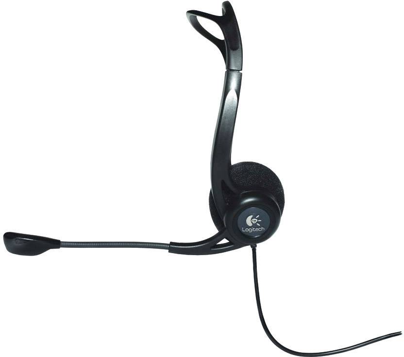 Cuffie cablate nere con braccio del microfono regolabile e padiglioni auricolari, adatte per applicazioni informatiche o VoIP.