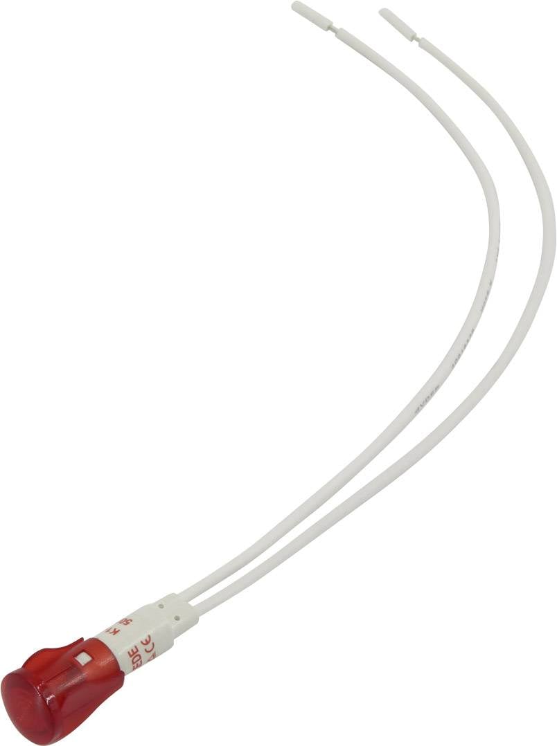 LED rossa con due fili di connessione bianchi, adatta per circuiti elettronici o come indicatore di stato nei dispositivi.