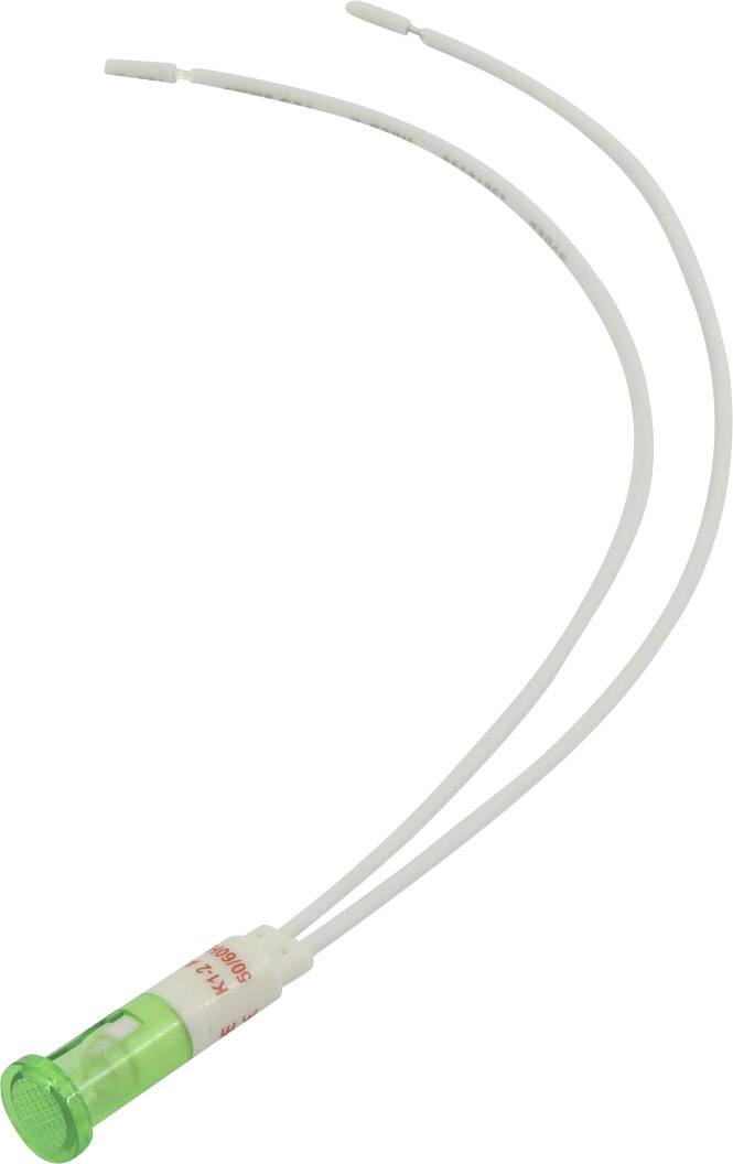 Un indicatore LED verde con due cavi bianchi per il collegamento elettrico.