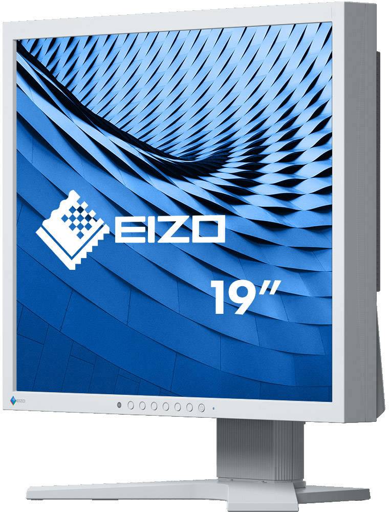 Un monitor da 19 pollici del marchio EIZO, con uno sfondo blu a motivi sullo schermo.