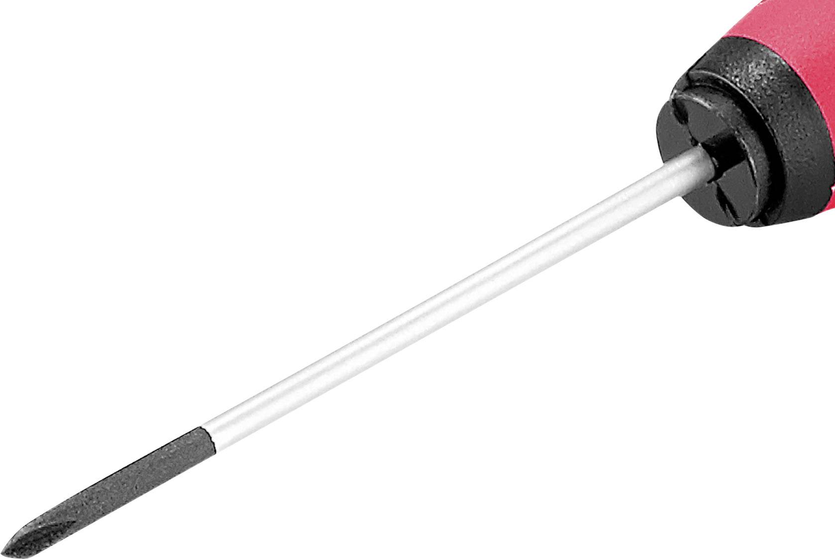 Un cacciavite a croce con manico rosso e punta nera su sfondo bianco. Principale strumento per avvitare.