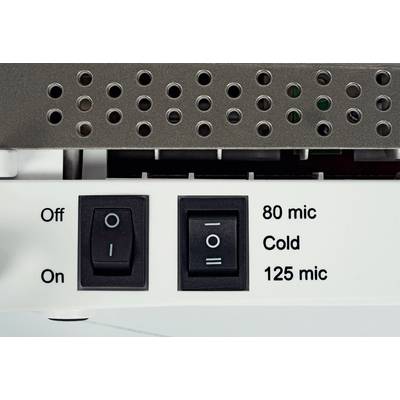 Interruttore su un dispositivo. A sinistra: interruttore a levetta per 'On' e 'Off'. A destra: interruttore con opzioni '80 mic', 'Cold', '125 mic'.
