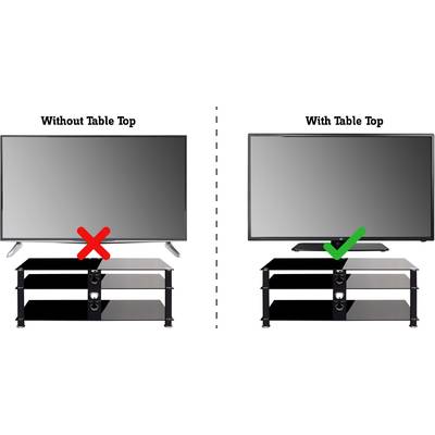 L'immagine mostra due televisori su scaffali. A sinistra: televisore senza piano d'appoggio con una 'X' rossa. A destra: televisore con piano d'appoggio e un segno di spunta verde.