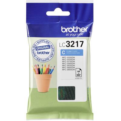 Confezione di una cartuccia d'inchiostro Brother LC3217 in colore Ciano. Contiene un'immagine simbolica di un vasetto con matite colorate. Compatibile con diversi modelli MFC.