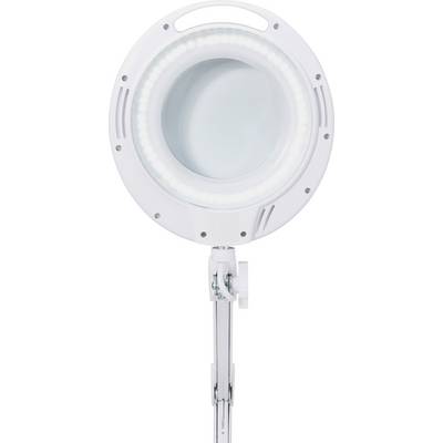 Una lampada a lente bianca di forma circolare con illuminazione LED, montata su un braccio regolabile, adatta per lavori di precisione.